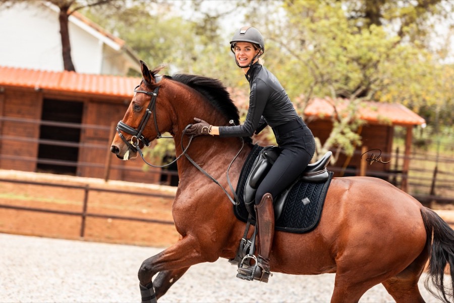 A rider cantering a bay horse in the arena