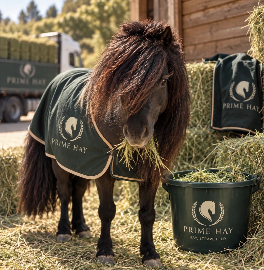 Toti the Shetland pony in a Prime Hay rug, eating hay